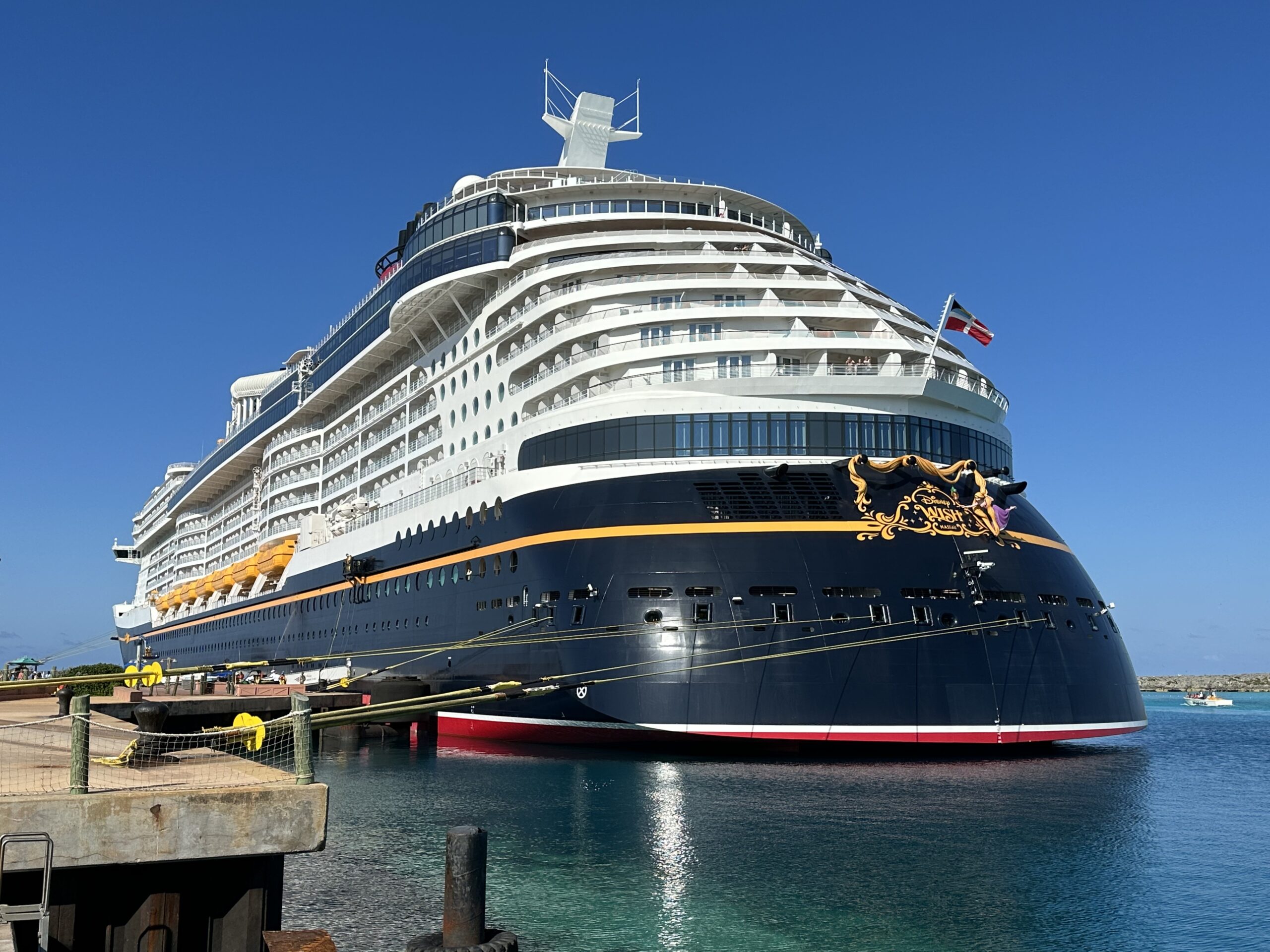 Disney Wish docked in port on a bright sunny day