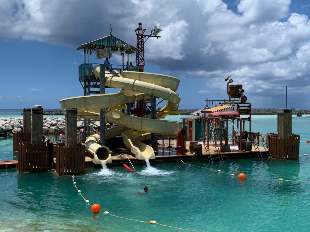 Family waterslide and splash area at Castaway Cay on a Disney Cruise Line sailing