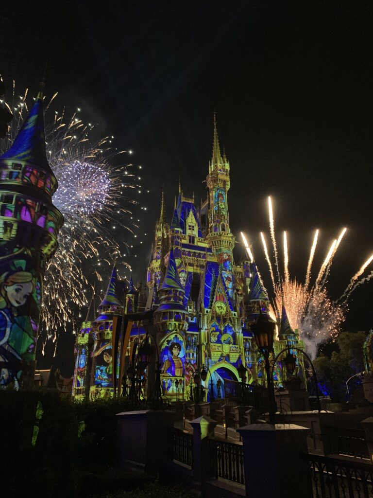 Cinderella Castle during Happily Ever After fireworks at Walt Disney World